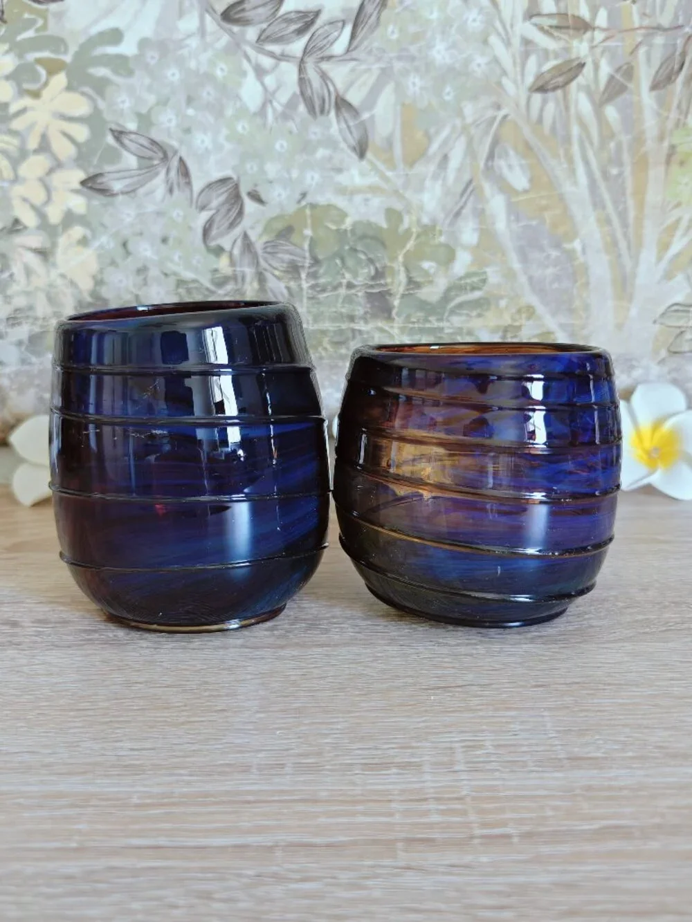 Vintage Signed Hand Blown Amethyst Amber Ribbed Art Glass Tumblers Set of 2